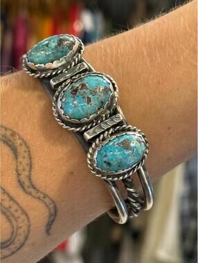 Vintage Navajo Triple Turquoise Sterling Silver Bracelet 3 Stone Southwestern